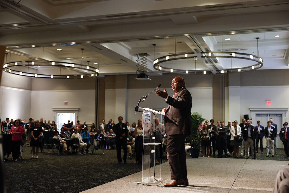 Victor Wilson speaks during his program at his retirement reception at the Tate Grand Hall
