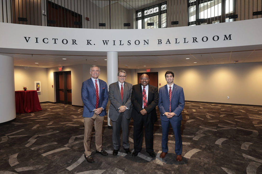 L-R: Samuel D. Holmes, regent, University System of Georgia; President Jere W. Morehead; Victor K. Wilson, vice president for student affairs; and Emilio Ferrara, B.S., biochemistry and molecular biology, class of ‘24. (Photo by Peter Frey/UGA)