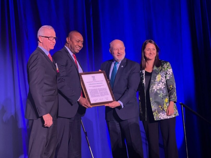 Marshall Shepherd accepts the Environmental Achievement Award in Washington, D.C., on Oct. 24. (Submitted photo)