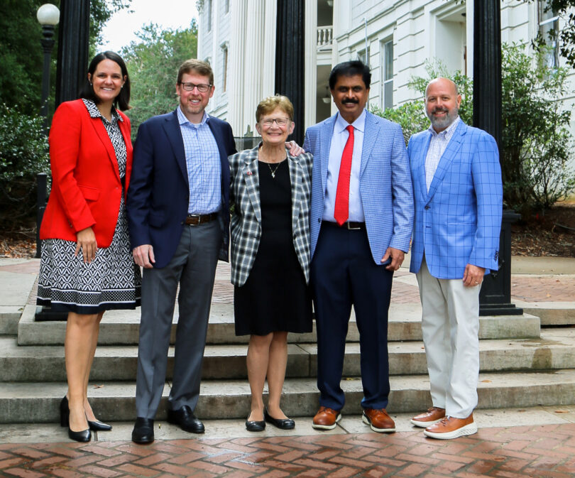 (L to R) Jill Walton, UGA interim vice president for development and alumni relations; John Isakson Jr.; Lisa Nolan, dean of the UGA College of Veterinary Medicine; Anumantha Kanthasamy, director of the Isakson Center for Neurological Disease Research; Heath Garrett. (Photo by Edwin Hammond)
