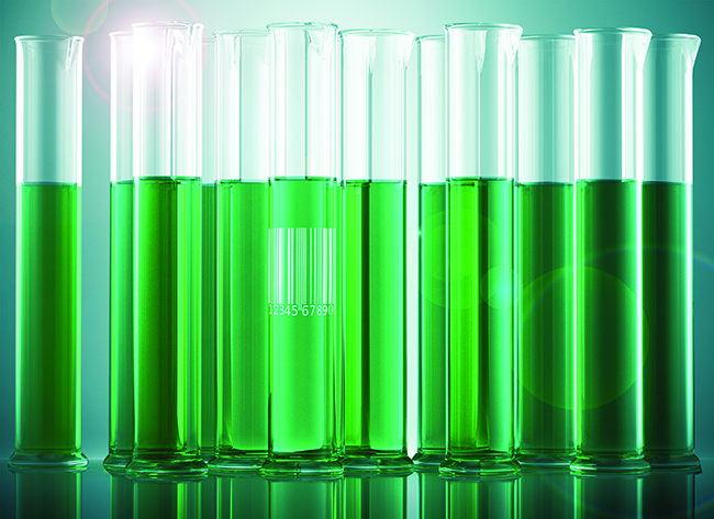 Chemical flask in laboratory with cyan liquid inside, isolated