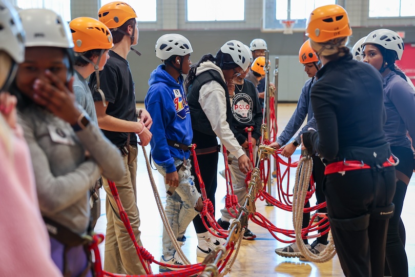 At the kickoff of Youth LEAD Georgia, participants experienced the UGA indoor ropes course where UGA faculty and staff led them through team building activities. (Photo by Cat Elrod)