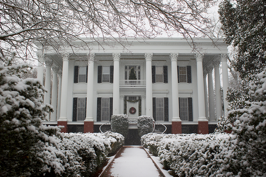Presidents House in Snow with Christmas Holiday decorations|