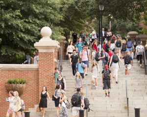 A crowd of students walking at the Baldwin Street stairs during a Summer day.